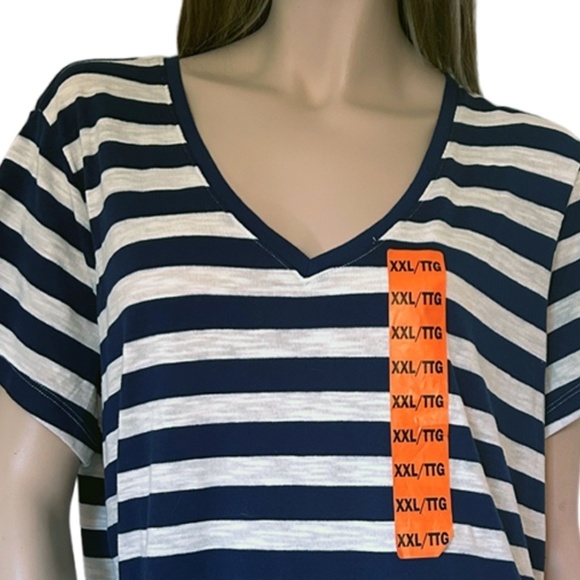 Nicole Miller Stripe Tee shirt Tank Top Navy V-Neck Short Sleeve Hi Low NWOT - Picture 4 of 11
